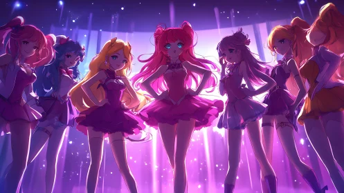 Radiant anime idols glowing together on a sparkling stage.