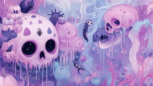 Skull motifs in pastel fantasy landscape with melting forms.