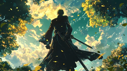 Lone swordsman under vivid sky and glowing forest canopy.