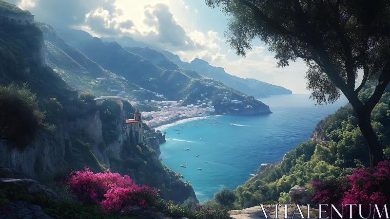 Mediterranean coastal town viewed from lush cliffside.