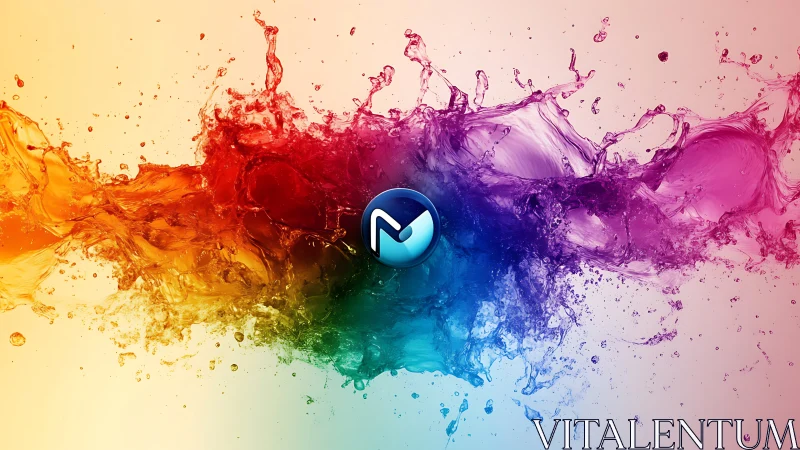 Exploding rainbow splash bursts around a sleek circular logo