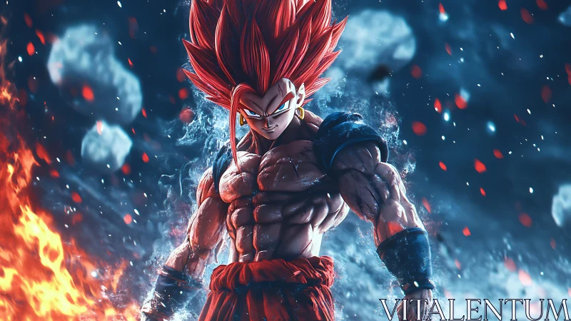 Fiery anime warrior unleashes power amid storm and embers