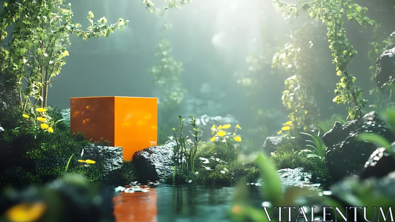 Luminous orange cube rests in a misty enchanted forest glade.