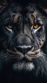 Black Lion Head Portrait with Amber Eyes