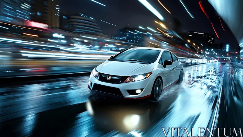 Honda hatchback speeds through neon-lit wet city highway.