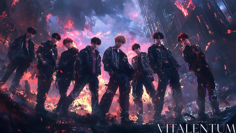 Storm-lit street crew stands bold in glowing cyber ruins