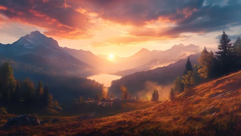 Digital painting sunset over alpine valley with layered depth.