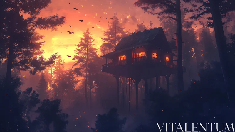 House Among Burning Trees at Sunset.