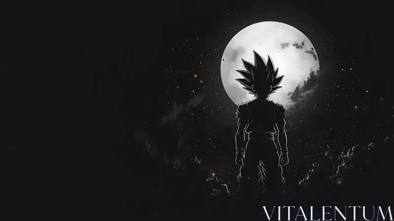 Silhouetted spiky haired figure standing before full moon.