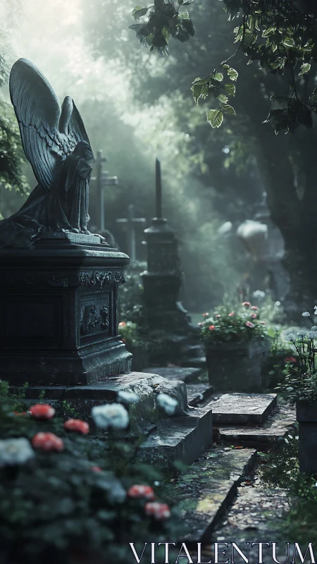 Gentle stone angel watching over a quiet garden path.