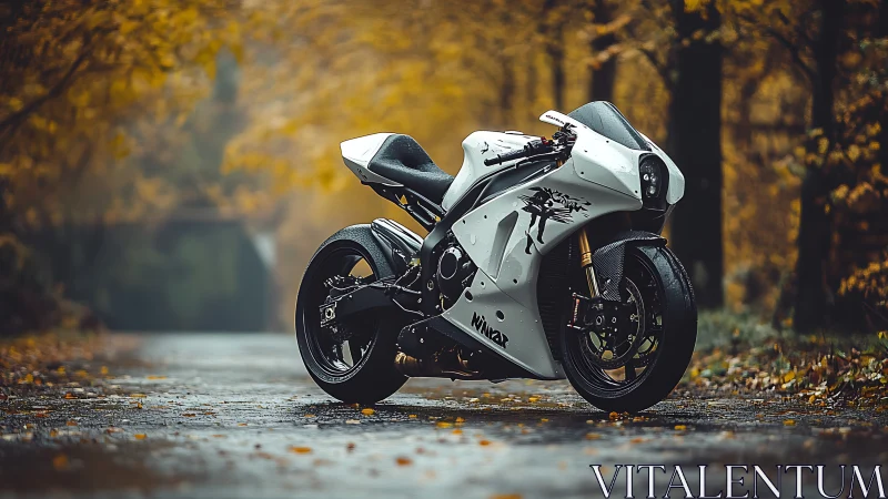 Sleek white motorcycle resting on a quiet autumn road.