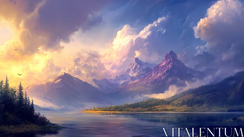 Sunlit alpine peaks rise over tranquil reflective mountain lake