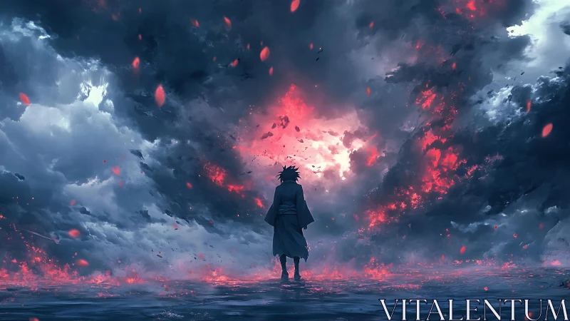 Lone stormwalker greeting a burning sky of shifting embers.