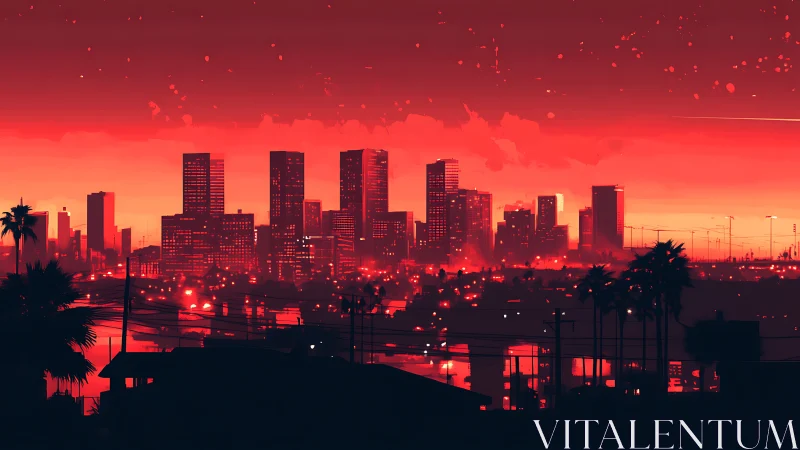 Neon red metropolis skyline dissolves into a cinematic dusk haze