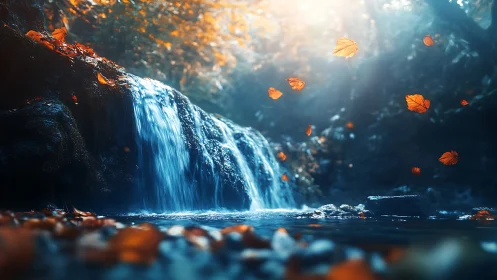 Glowing forest waterfall sparkles beneath drifting autumn leaves