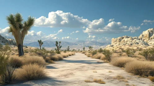 Sunlit desert trail drifts toward distant blue mountains