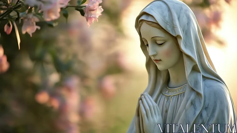 Marble veiled statue prays beside softly blurred blossoms
