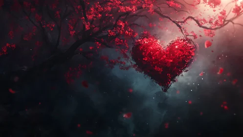 Luminous Heart Suspended in Crimson Blossoms.