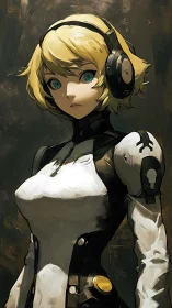 Calm android girl with headphones in painterly sci fi portrait.