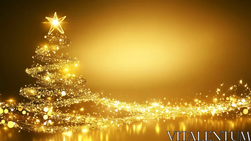 Golden light Christmas tree swirl on glowing background.