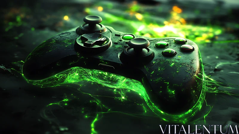 Game controller rests on glowing green liquid surface
