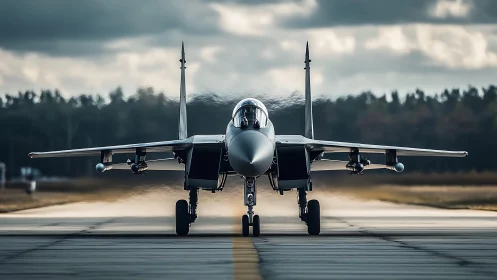 Front view jet fighter taxiing on runway under clouds