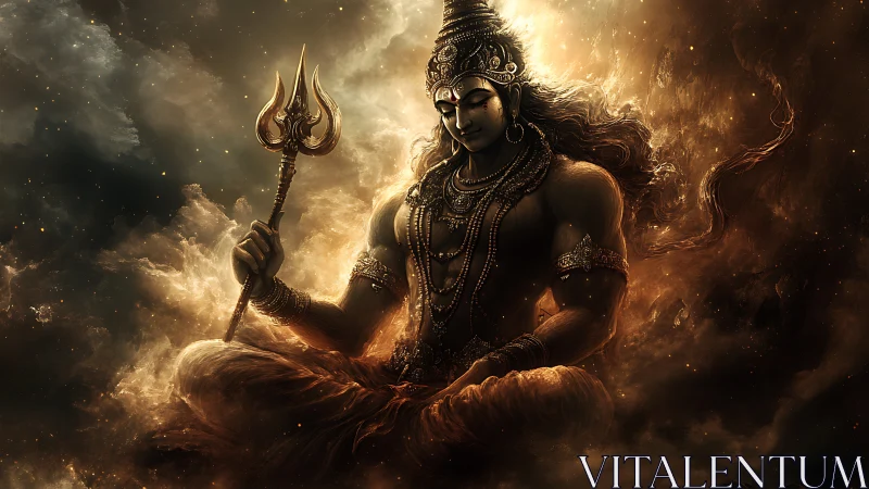 Mythic warrior deity in meditative pose amid volumetric fire haze