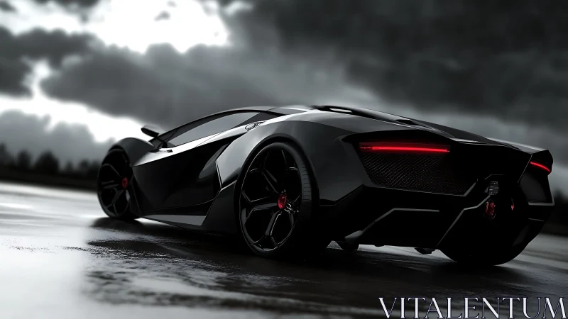 Sleek black supercar waiting to sprint across wet city streets.