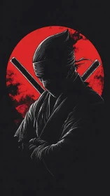 Ninja silhouette stands before red sun with crossed swords