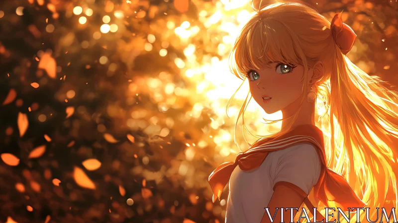 Golden hour anime girl amid swirling autumn light.
