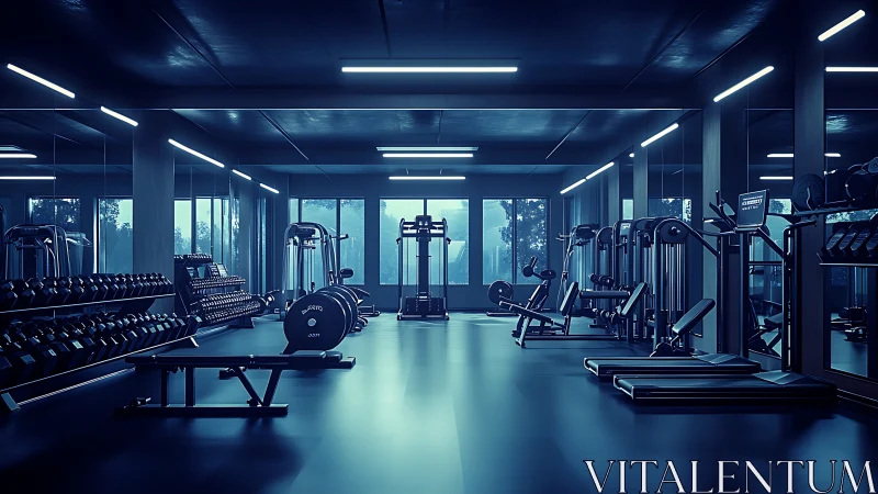 Midnight-lit modern gym interior with sleek equipment focus.
