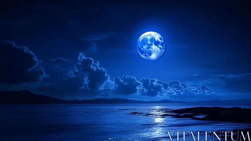 Lunar-lit ocean horizon with monochromatic cobalt spectral glow.