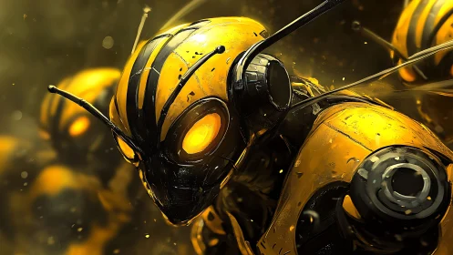 Cybernetic hornet swarm in molten-gold atmospheric haze.