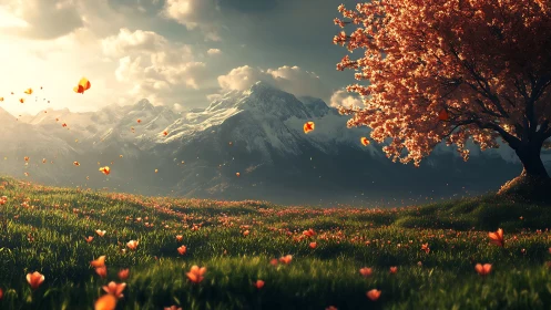 Sunlit blossom meadow stretches toward distant snowy peaks