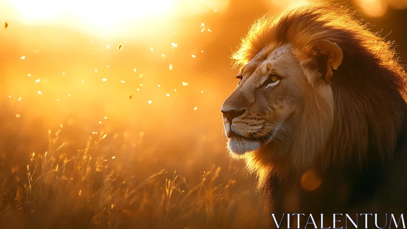 Golden evening lion gazes calmly across glowing savanna