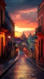 Colonial street perspective under incandescent sunset sky.