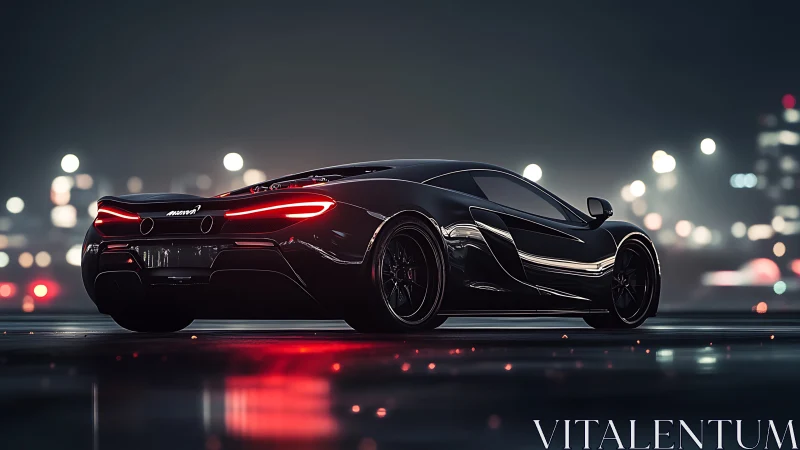 Black supercar slices through neon-lit wet night streets.