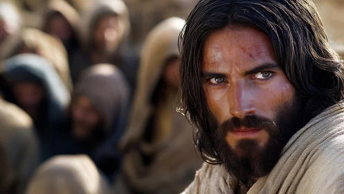 Intense bearded man in robe rendered with shallow depth of field