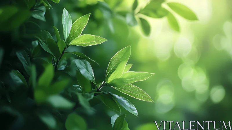Backlit spring foliage with shallow depth of field bokeh background