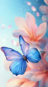 Soft sky blues and peach petals cradle a drifting butterfly.