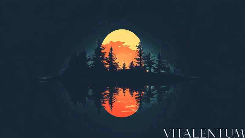 Moonlit forest island rests quietly over glassy midnight water