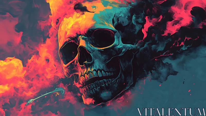 Fiery neon skull drifting through swirling dreamlike smoke.