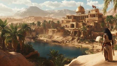 Desert oasis city unfolds beneath a grand golden palace.