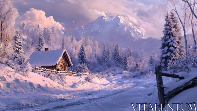 Snow-covered cabin stands beside winding mountain track