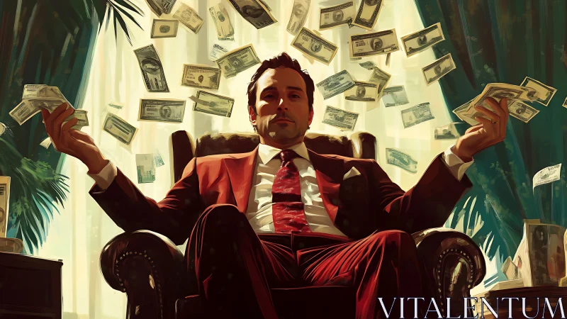 Power-suited magnate on leather throne amid cascading banknotes