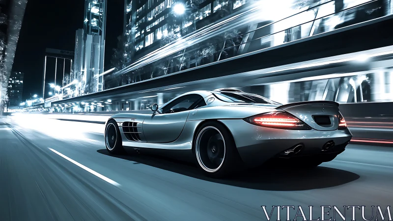 Silver sports car moves through illuminated urban roadway