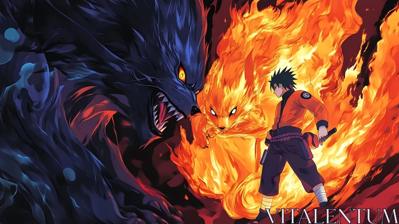 Anime ninja stands before fiery fox against dark beast