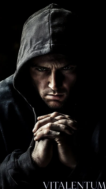 Intense hooded man glares from darkness in dramatic shadow