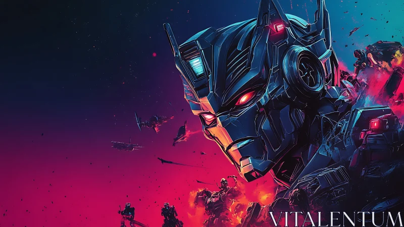 Giant robotic warrior head looms over neon sci fi battlefield