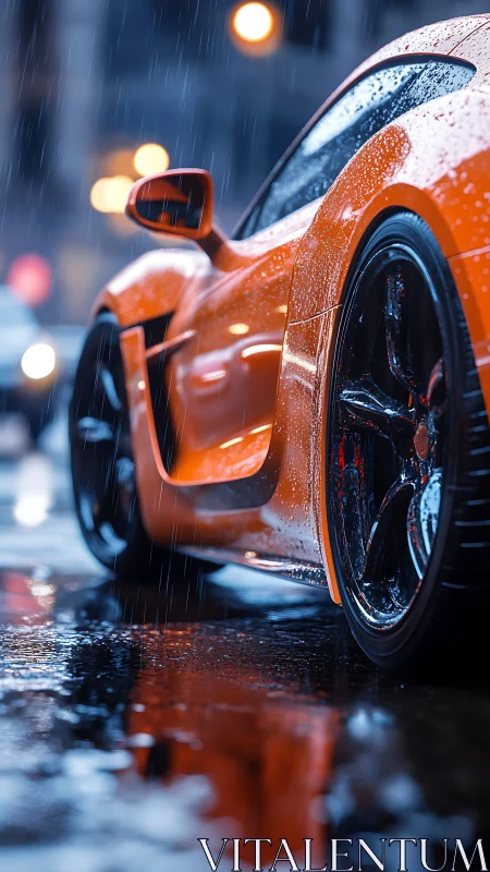 Orange supercar detail in rain on wet urban street at night